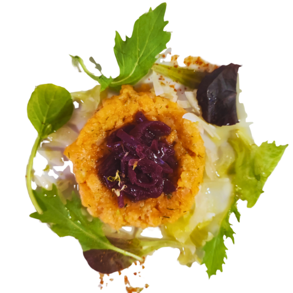 Marinated char tartare with fermented lemon, fennel salad, red onion confit, and dill