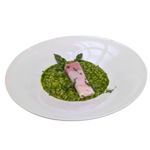 Risotto with Wild Garlic, Grilled Asparagus, Rolled Country Ham and Cress