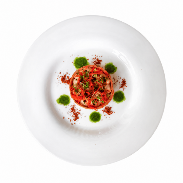 Buckwheat tart with Jerusalem artichoke and celeriac cream, red kimchi, and herb oil (vegan)