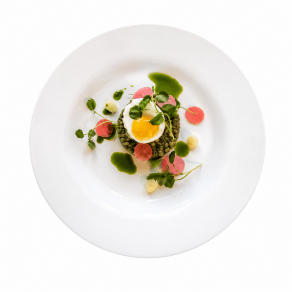 Asparagus and barley salad, wild garlic, poached egg, fermented radishes, and country ham
