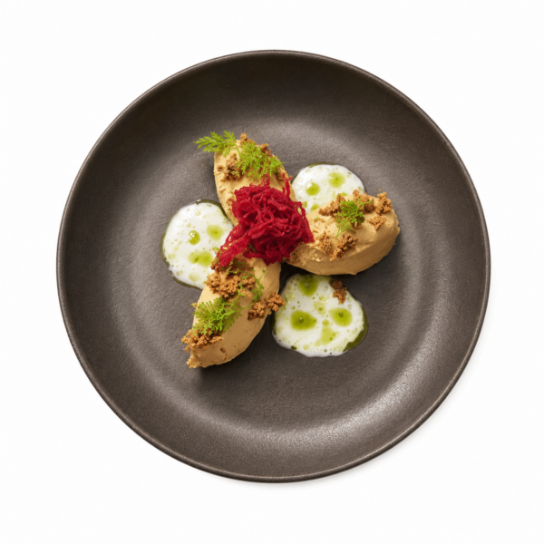 Hummus con kimchi rosso, grano saraceno e olio alle erbe (vegano)