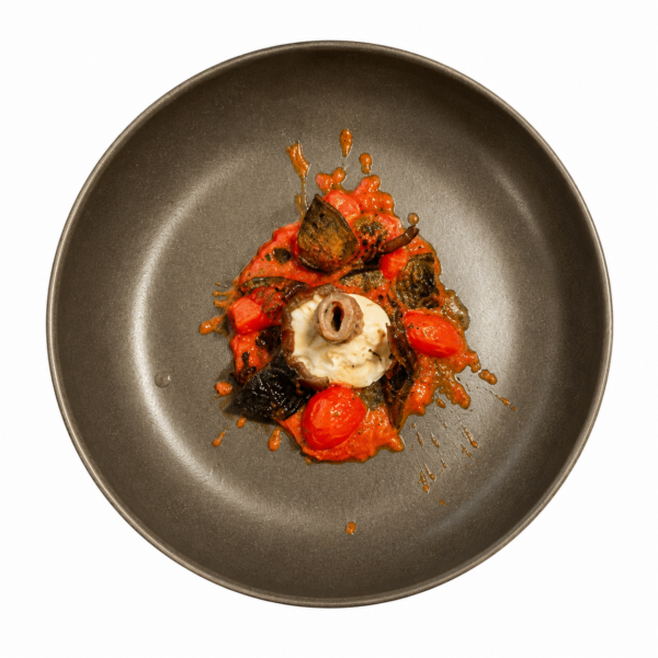 Tomato cream, oven-roasted tomatoes, anchovies, olives, burrata mozzarella, and basil