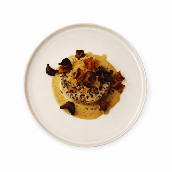 Warm hummus, quinoa, coconut sauce, and vegetable chips