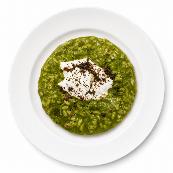 Risotto with basil, grilled vegetable cubes, burrata, and aged balsamic vinegar