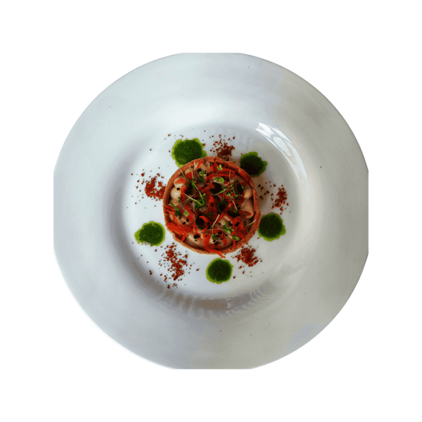 Buckwheat tart with Jerusalem artichoke and celeriac cream, red kimchi, and herb oil (vegan)