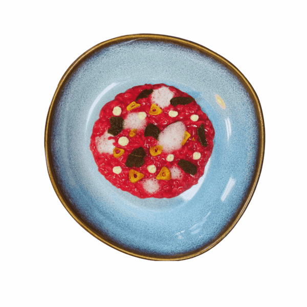 Risotto with beets, roasted garlic and sage fresh goat cheese foam