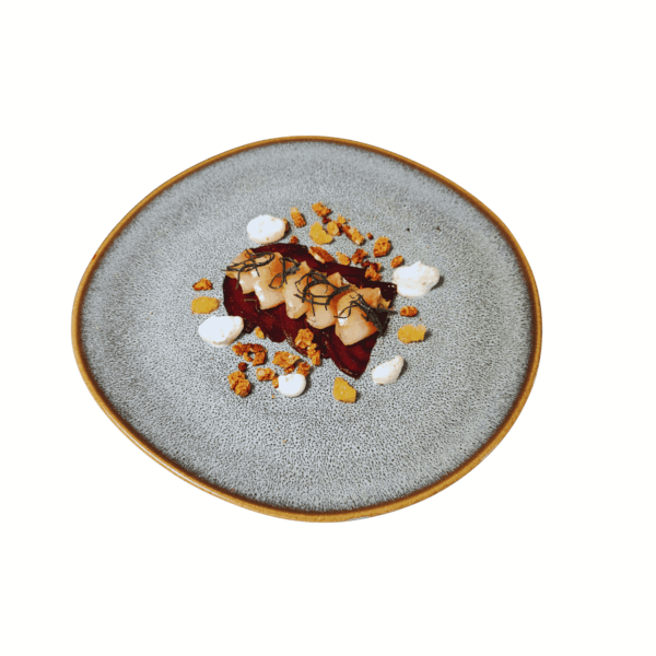 Smoked char, carpaccio of fermented beets, horseradish foam, and garden cress