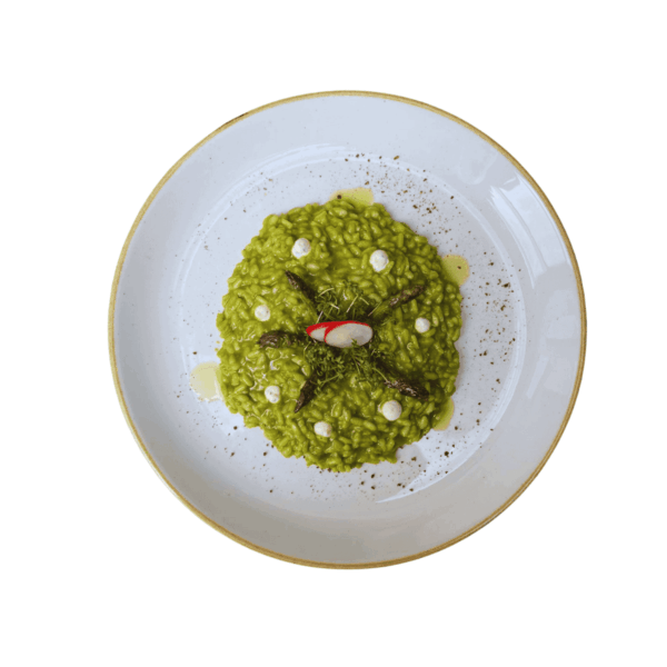 Risotto with wild garlic, grilled asparagus, farmer's ham rolls and cress