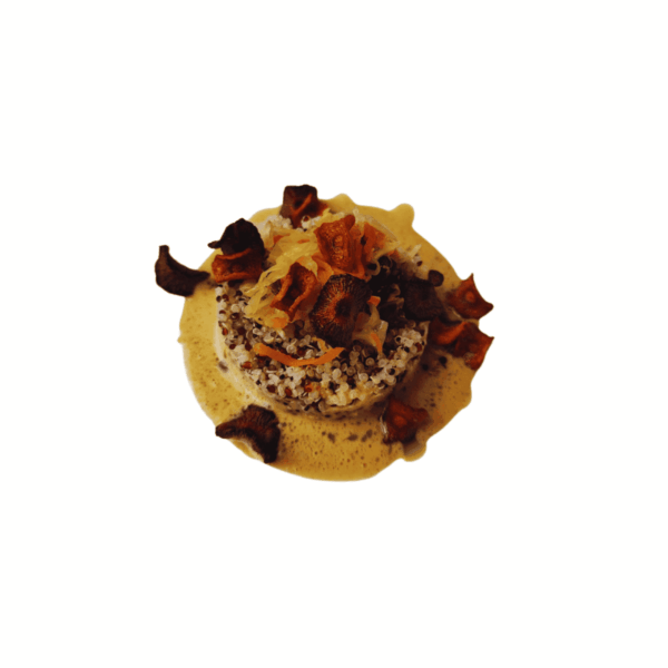 Warm hummus, quinoa, coconut sauce, and vegetable chips