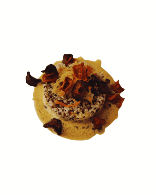 Hummus caldo, quinoa, salsa al cocco e chips di verdure