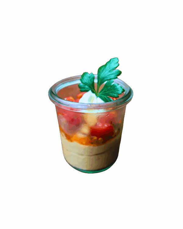 Hummus con melanzane brasate, cocktail di pomodori e olio al basilico