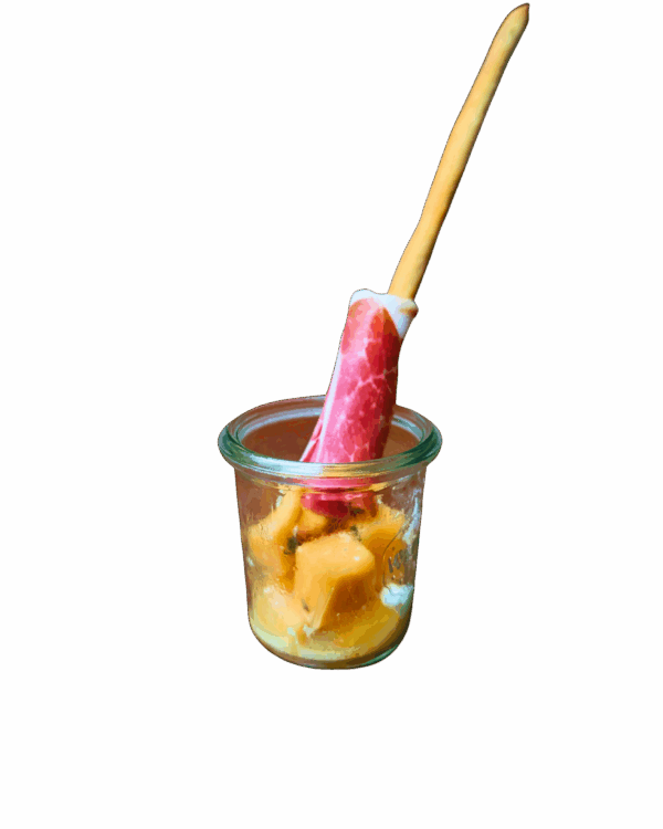 Insalata di melone con basilico, menta, feta e grissino con prosciutto crudo di S.Daniele