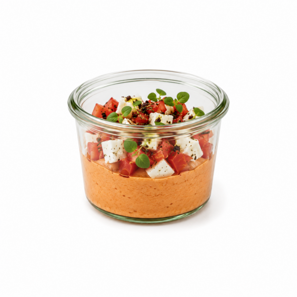 Mousse made from fermented tomatoes, buffalo mozzarella, olive powder, basil and taralli