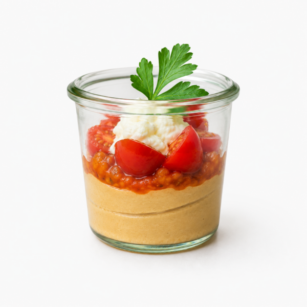 Hummus with braised eggplant, tomato cocktail and basil oil