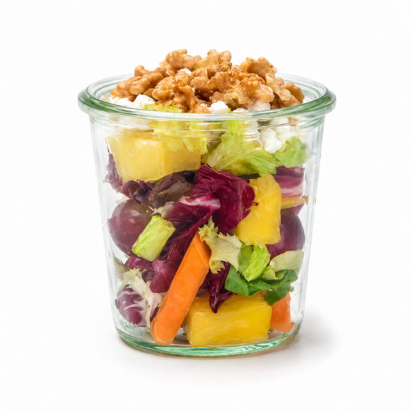 Salads with kimchi made from local vegetables, feta, and walnuts