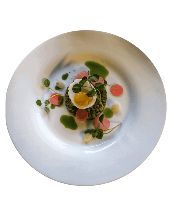 Insalata di asparagi e orzo, aglio orsino, uovo in camicia, ravanelli fermentati e prosciutto contadino