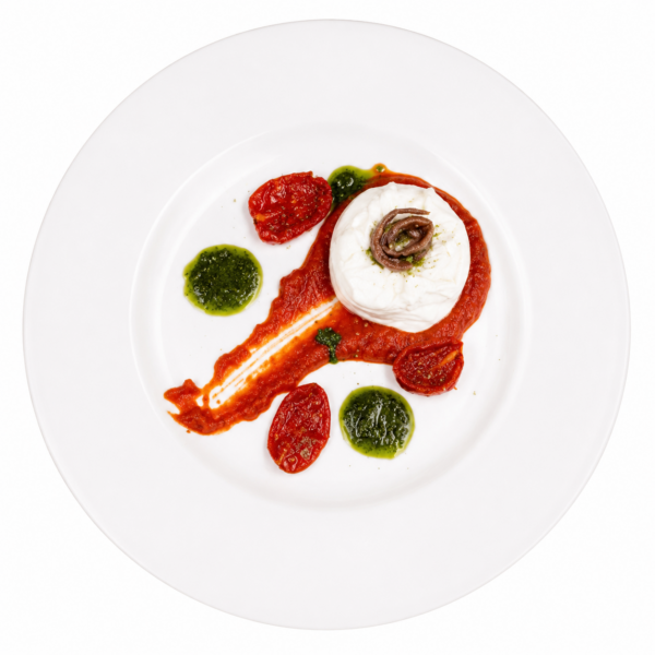 Mozzarella burrata con pomodori al forno, acciughe cantabriche, basilico e olive taggiasche