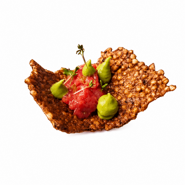 Puffed buckwheat with beef tartare and avocado