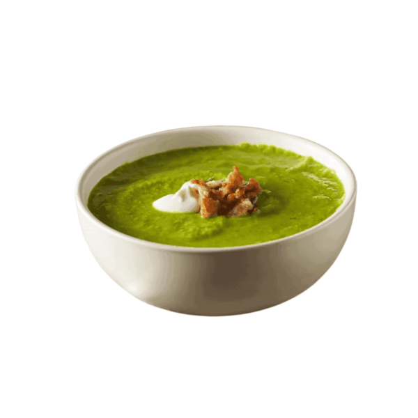 Cream of pea soup with mint and bacon powder
