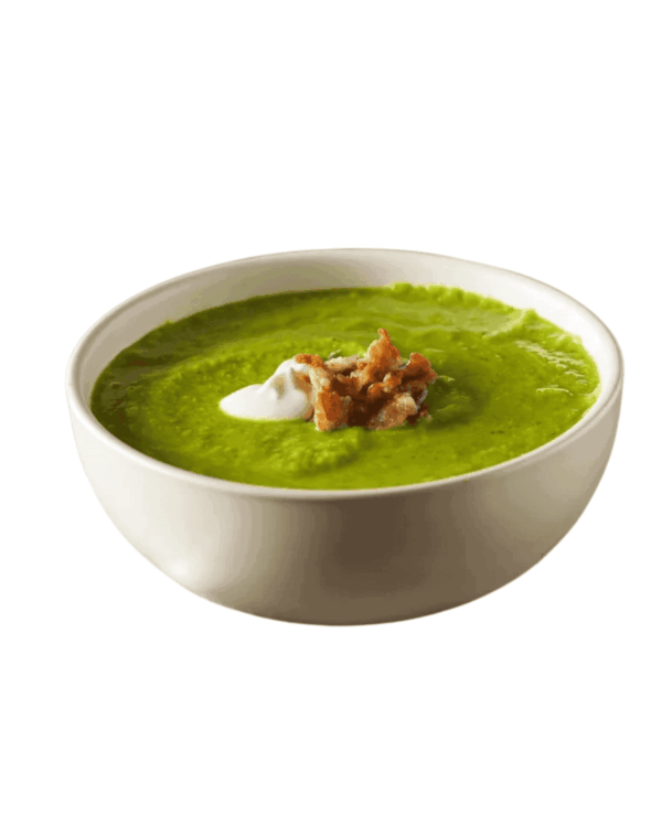 Crema di piselli con menta e pancetta in polvere