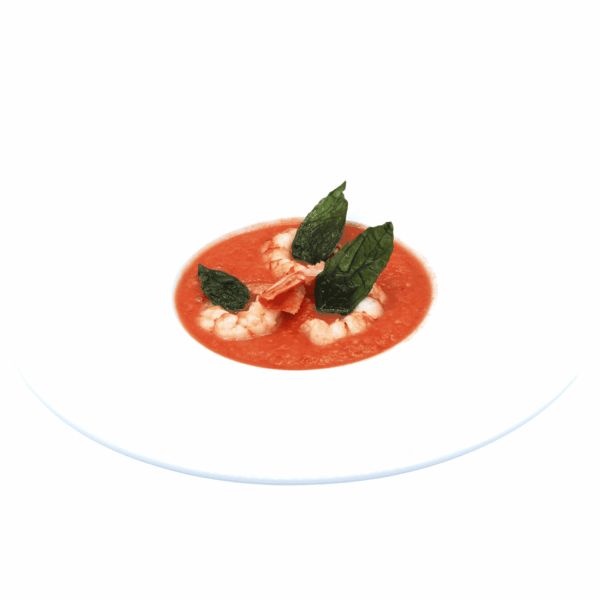 Gazpacho con basilico e gamberoni confit