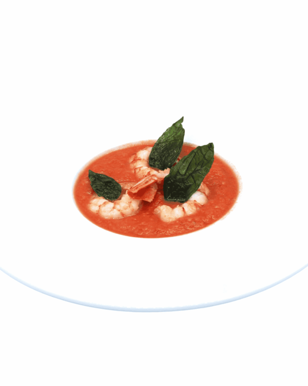 Gazpacho con basilico e gamberoni confit