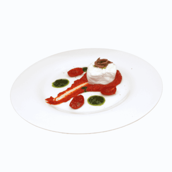 Mozzarella burrata con pomodori al forno, acciughe cantabriche, basilico e olive taggiasche