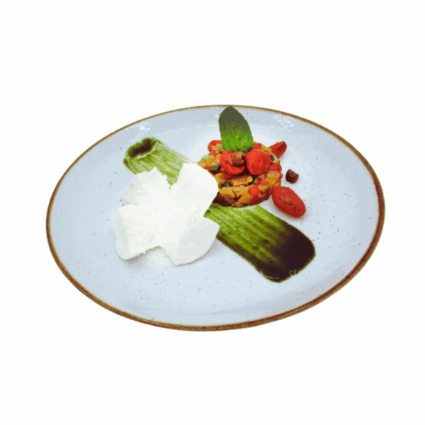 Grilled vegetable tartare with buffalo mozzarella, basil and olives