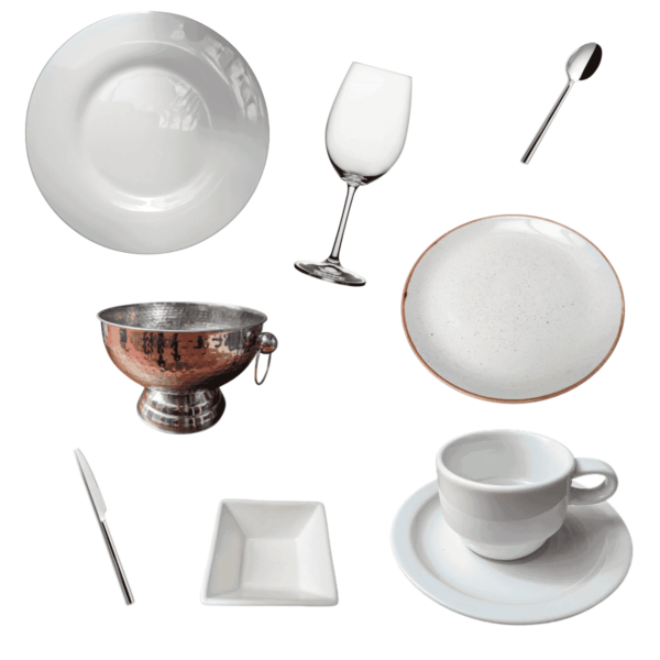 Tableware package for events with aperitif, menu and dessert buffet