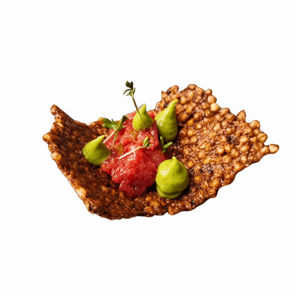 Puffed buckwheat with beef tartare and avocado