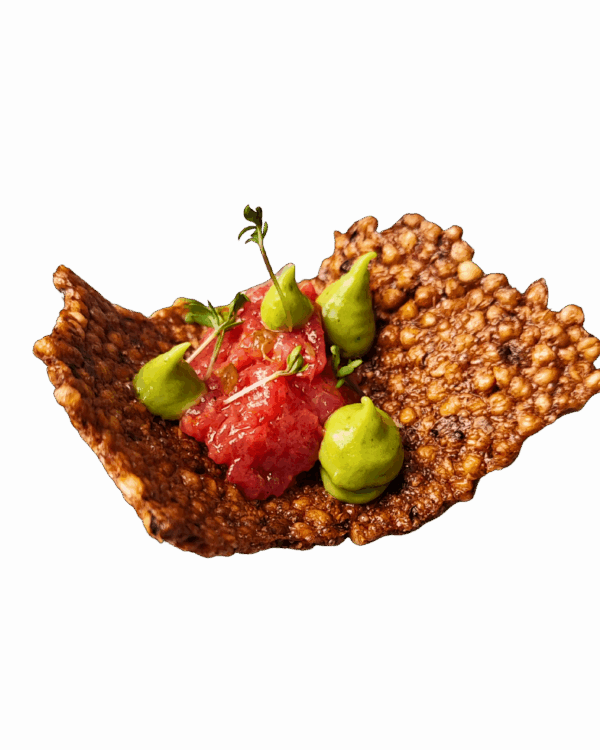 Puffed buckwheat with beef tartare and avocado