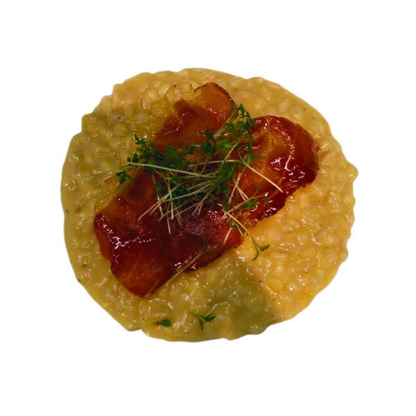 Orzotto - Barley risotto with apple, sparkling wine, bacon potato chips and chive oil