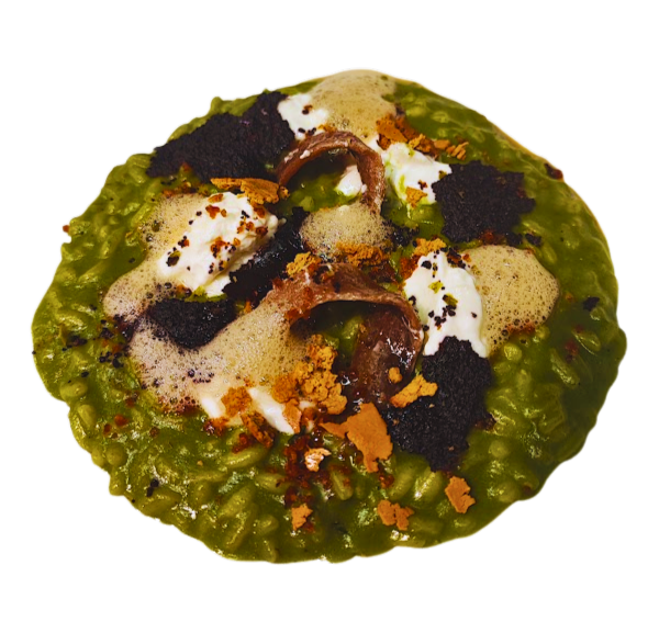 Risotto with spinach, Cantabrian anchovies and burrata
