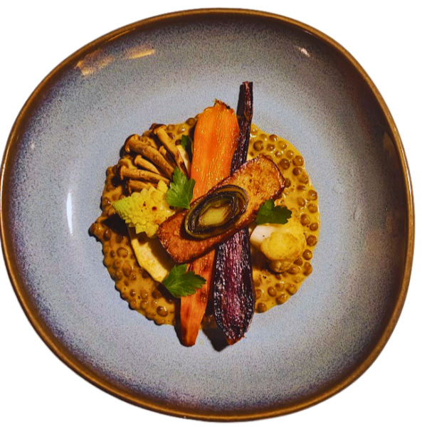 Asian lentil stew with coconut milk and braised vegetables