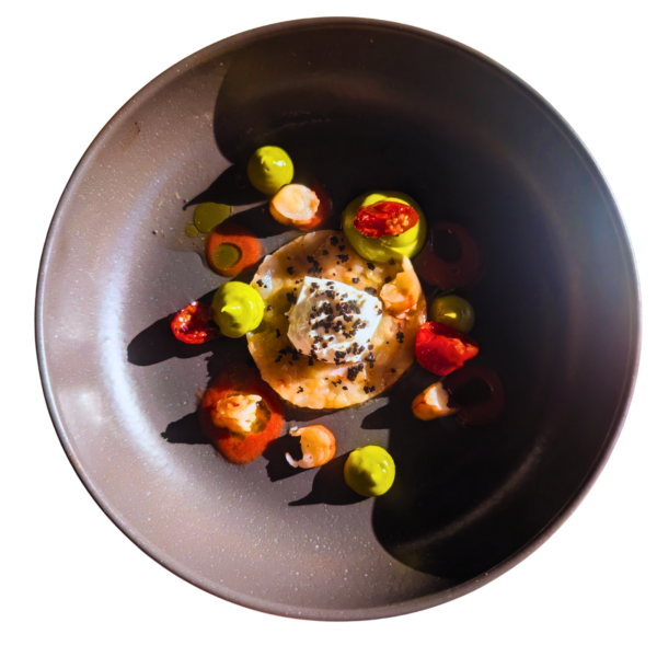 Prawn tartare with burrata tomatoes red red and confit prawns