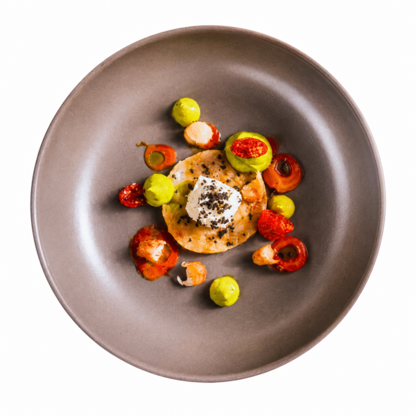 Prawn tartare with burrata tomatoes red red and confit prawns
