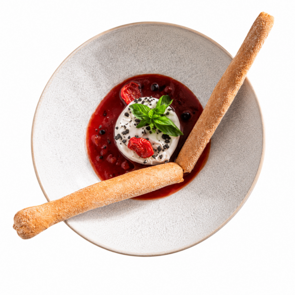 Tomato pepperoni gazpacho with burrata olives basil and handmade grissini