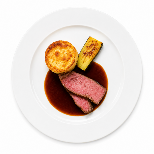 Veal shank with white wine jus, polenta soufflé and stuffed zucchini