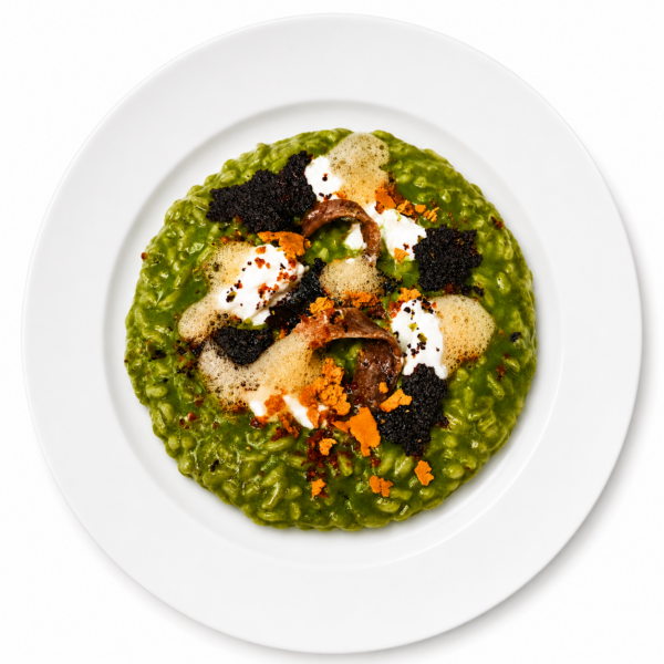 Risotto with spinach, Cantabrian anchovies and burrata