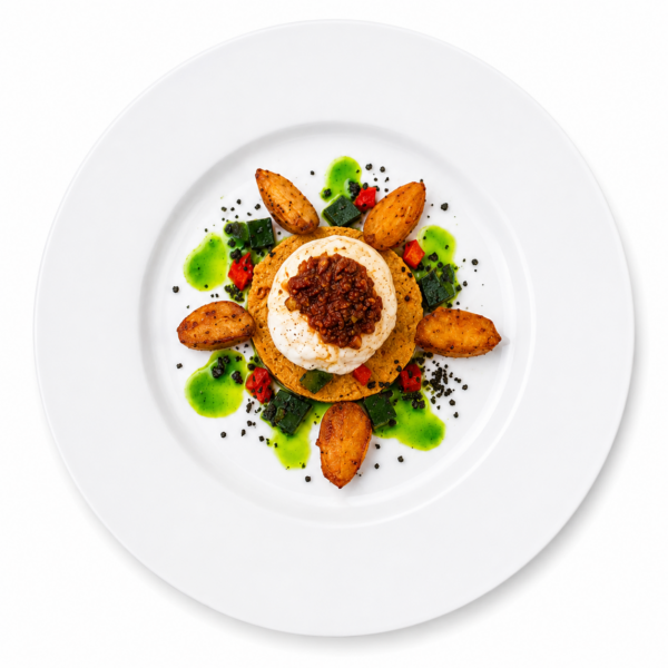 Rana pescatrice con pesto rosso, crema di augergine, patate La ratte, salsa al prezzemolo