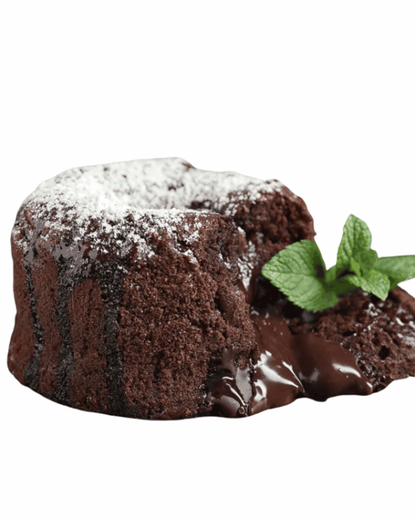 "Valrhona" chocolate tartlet with liquid center, coffee foam and cassis sorbet