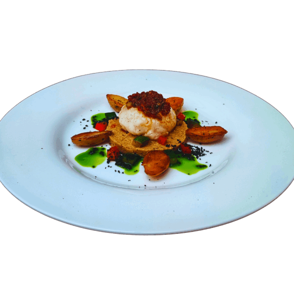 Rana pescatrice con pesto rosso, crema di augergine, patate La ratte, salsa al prezzemolo