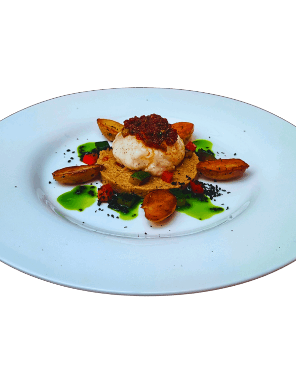 Monkfish with red pesto, augergine cream, La ratte potatoes, parsley sauce