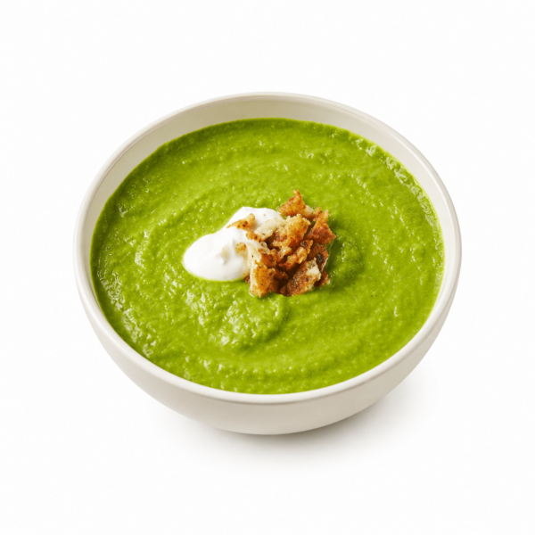 Crema di piselli con menta e pancetta in polvere