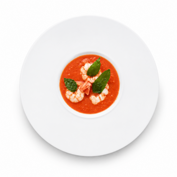 Gazpacho con basilico e gamberoni confit