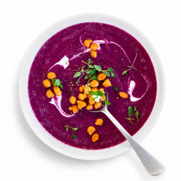 Red cabbage cream soup with Lagrein wine, sour cream, and thyme