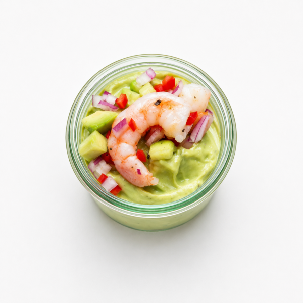 Guacamole di avocado siciliano, cocktail di pomodori e gambero gigante
