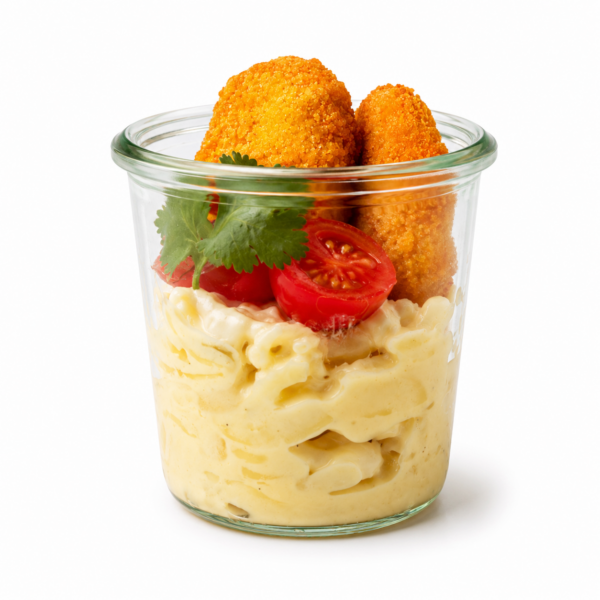 Potato salad with mini schnitzel of local veal in a jar