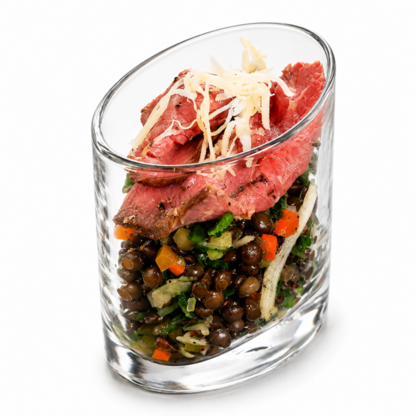 Roast beef Carpaccio on Beluga lentil salad with vegetables and Puntarelle