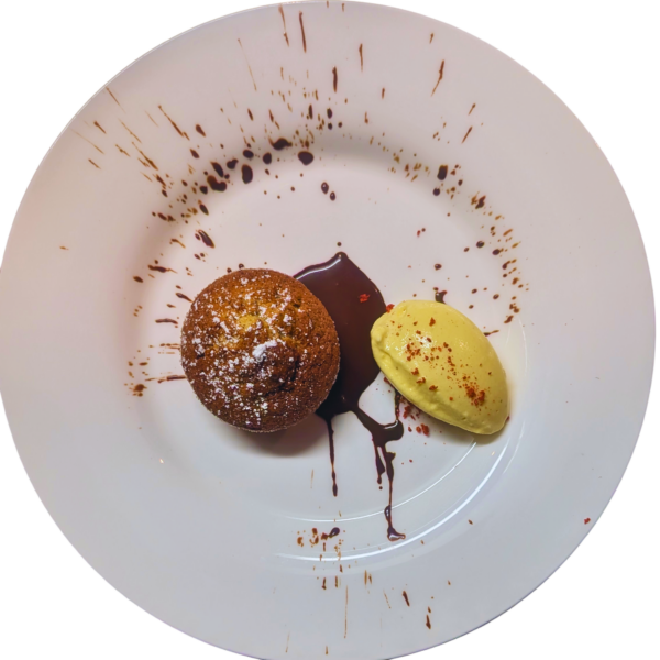 Apple poppy seed tartlet with chocolate sauce, homemade vanilla ice cream with miso caramel